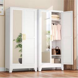 Metal Armoire Wardrobe Closet, 71" Clothing Storage Cabinet with Mirror Freestanding Bedroom Closet with Hanging Rod & Adjustable Shelves, Tall Steel