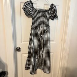 Gingham Off-Shoulder Dress with Matching KE & KATIE Sandals