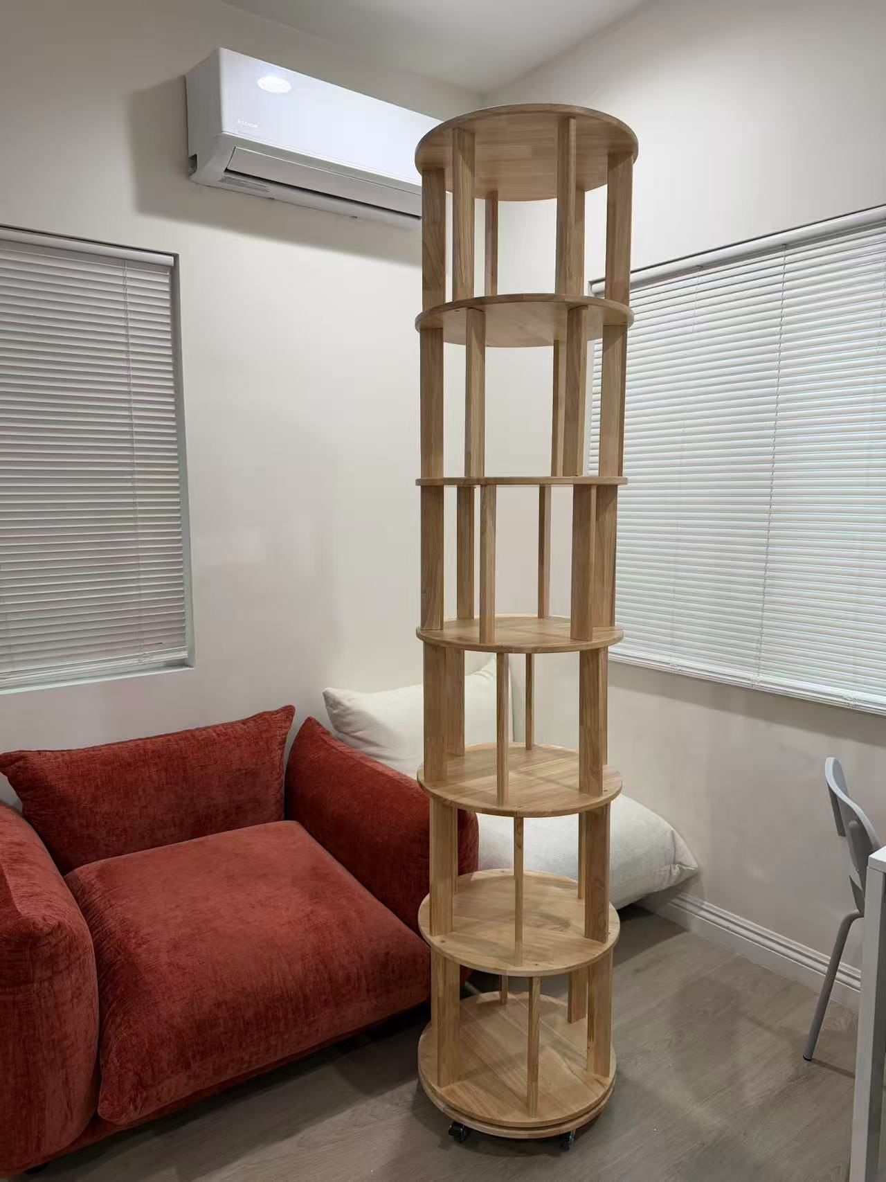 Extra Large 360° Rotating Wooden Bookshelf on Wheels – Solid Natural Wood