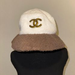 CHANEL Cream and Brown Designer Winter Bucket Hat with Gold Logo