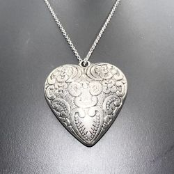 14kt White Gold Filled Vintage Silvered “Forever” Gothic Filigree Heart Pendant 2x2 Inches 