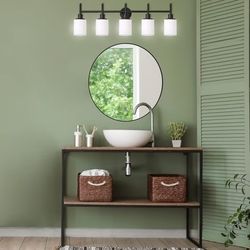 NIB 5-Light Vanity Light, Matte Black Finish, White Frosted Glass Shades, Dimmable, Bathroom Wall Fixture, 556225-BLK