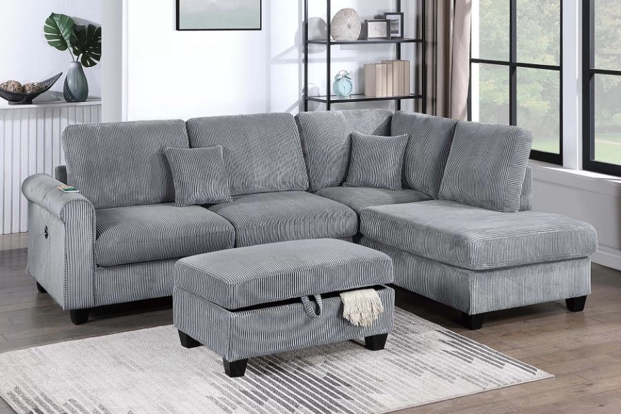 Gray Sofa Sectional w/ Storage Ottoman & USB Ports