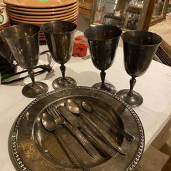 Vintage Reed And Barton Silver Plated Plate wear, Silverware And Water Goblets Set Of 4