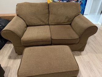 Tan Fabric Loveseat with Matching Ottoman