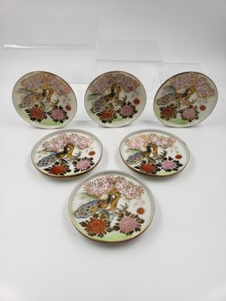 6 Antique Andrea by Sadek Peacock Design Saucer Plates Made in Japan