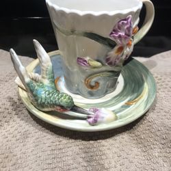 Botanical Collection By Ruby Humming Bird Tea Cup Spoon & Saucer Hand Painted
