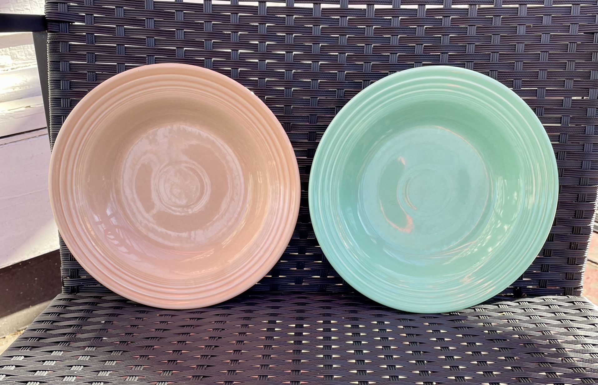 2 Fiesta Ware Rimmed Soup/Pasta Bowls. Apricot/Seafoam Green.