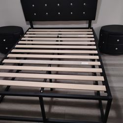 Full Size Bedframe Tufted with diamonds and Two Tufted with diamonds nightstands