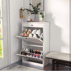 White 2-Tier Flip Drawer Shoe Storage Cabinet with Top Drawer