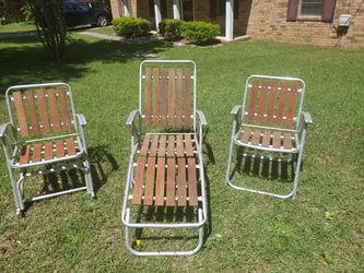 Vintage Aluminum and Redwood Slat rocker, lounger,and chair