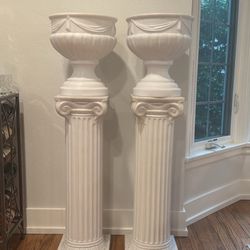2 White Floral Pillars w/ vases (9.5” x 9.5” x 32”)