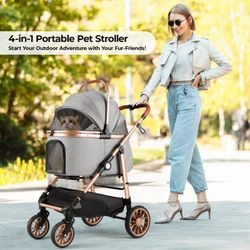 4-wheel Stable Pet Stroller For Medium Dogs/ Cats (55lbs Max) -3-in-1 Convertible Design With Removable Carrier & One-click Folding Mechanism