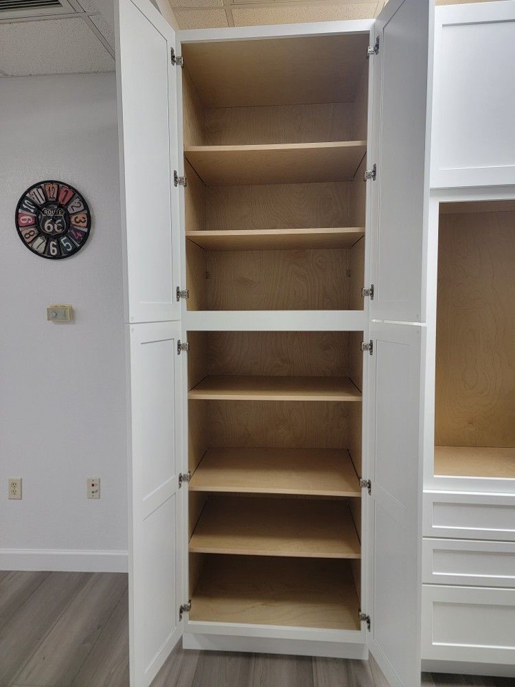 Modern White Pantry Cabinet – Soft Close Doors, Adjustable Shelves
