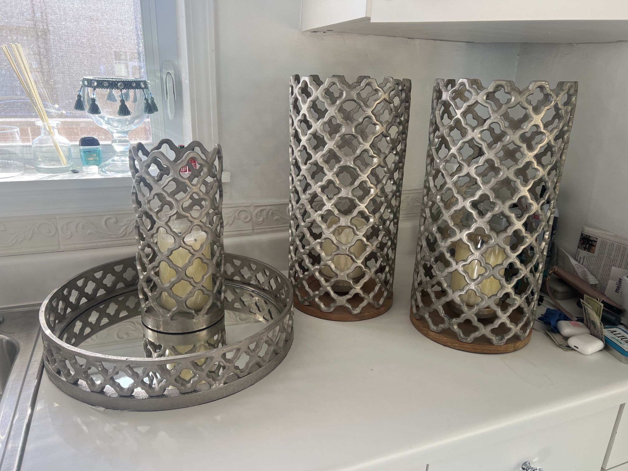 Gorgeous 4 Piece Metal Candle Holder Set With Mirrored Tray!