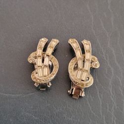 Earrings - Vintage 1950s Silver Tone Rhinestone Clip On
