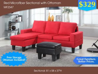RED MICROFIBER SECTIONAL WITH OTTOMAN MF2347