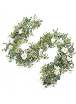 New 6FT Artificial Eucalyptus Garland with Roses Flowers Vine Greenery Garland Hanging Plant for Wedding Party Arch Table Arrangement Indoor Outdoor B