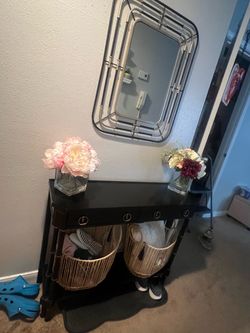 Entryway mirror table and two baskets