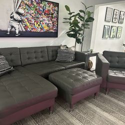 Living Room Set Leather Grey Sofa, Arm Chair and Ottoman