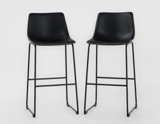 Cobbler Black 30" Faux Leather Bucket Seat With Baseball Stitch Barstool With Back Set Of 2
