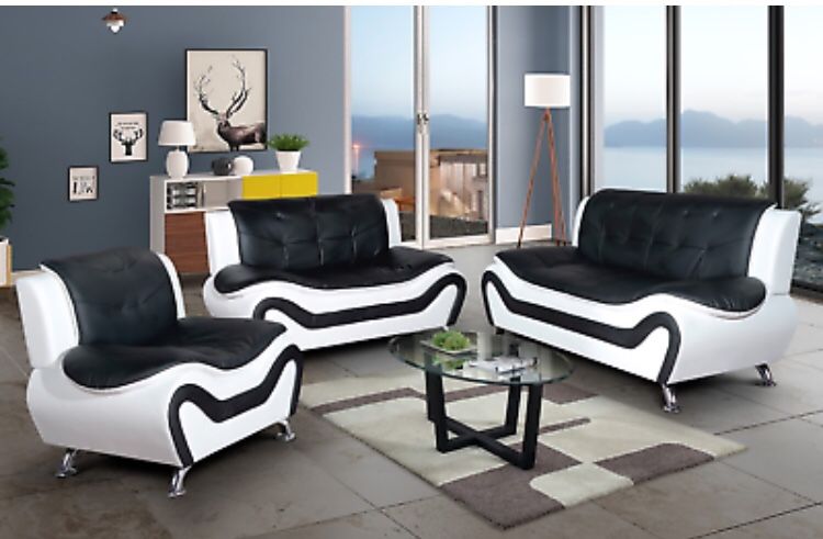 NEW Black White Leather Gel 3PC Sofa Set 