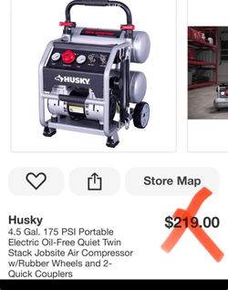 Husky 4.5 Gal. 175 PSI Portable Electric Oil-Free Quiet Twin Stack Jobsite Air Compressor w/Rubber Wheels and 2- Quick Couplers