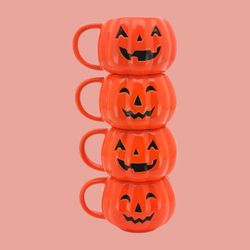 Halloween Jack O Lantern Pumpkin Stacking Mugs Set of 4 with Metal Rack Orange