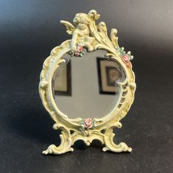 Vtg Cast Metal Iron Cherub Mirror Swing Arm Stand Floral Victorian White Pink 6"