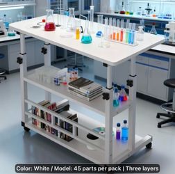 New! White Height Adjustable Durable Metal Frame Rolling Mobile Desk/Table/Workstation with shelves