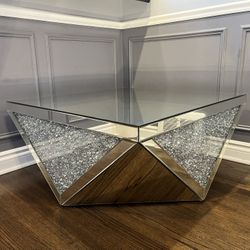 Square Coffee Table with Triangle Detailing Silver and Clear Glass Mirror