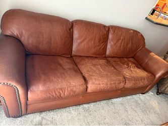 Cognac Genuine Leather Sofa – Classic Rolled Arm