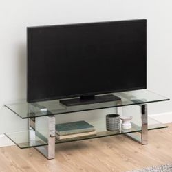 Modern Clear Glass TV Stand Long Coffee Table Chrome Game Console Holder