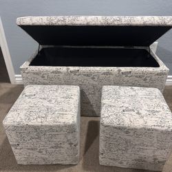 Storage Ottoman with 2 Matching small Ottomans – Script Print Fabric