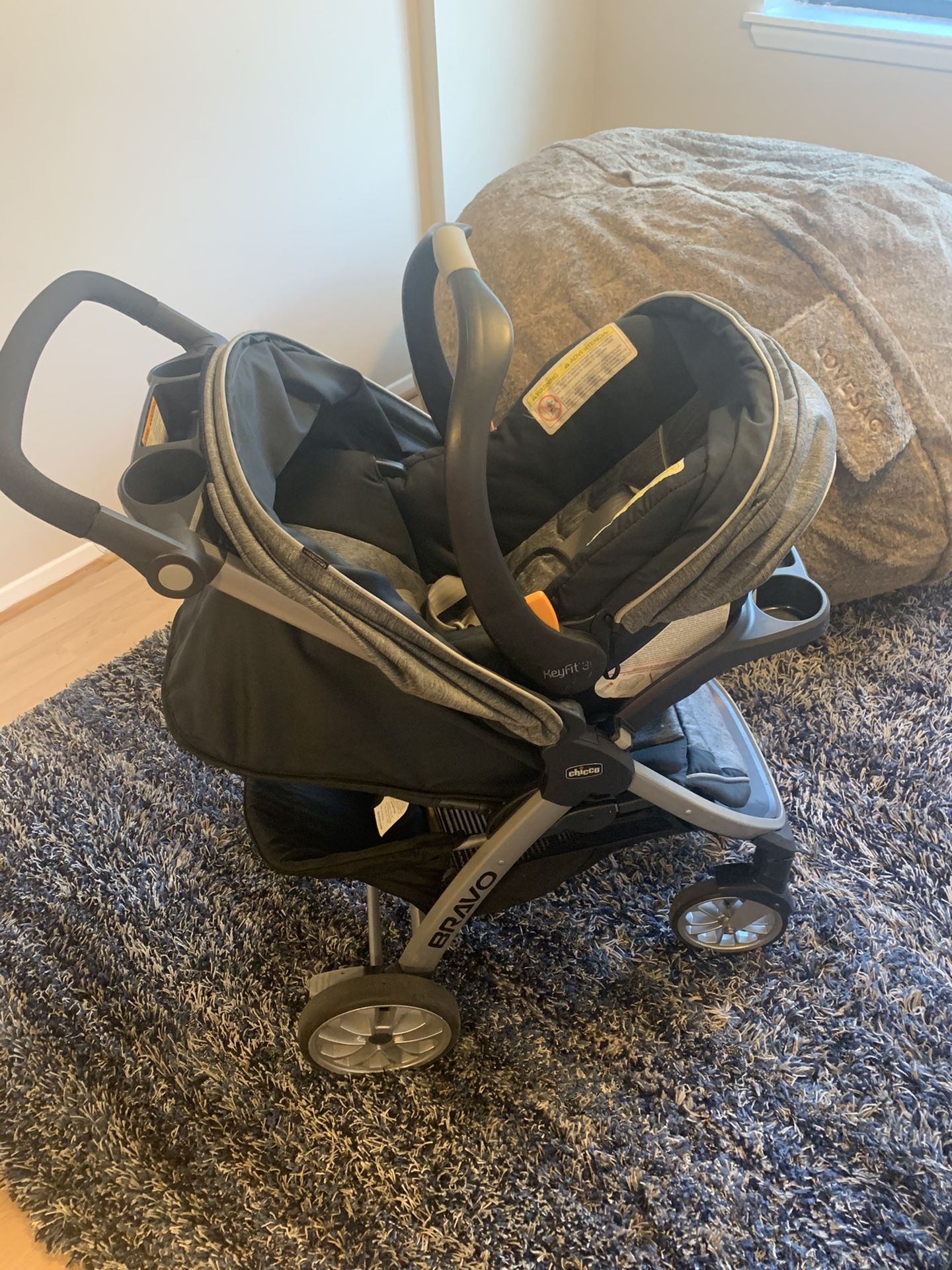 Chicco Car seat, base, and stroller.