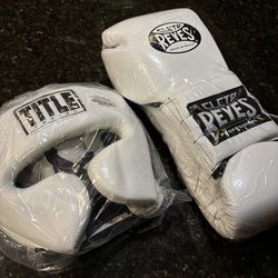 Cleto Reyes Professional Boxing Gloves + TITLE Boxing Headgear (White Set)