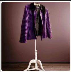 Vintage 1970s Sag Harbor Purple Plaid Faux Fur Collared Button Up Coat