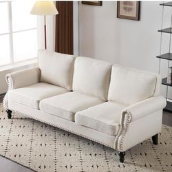 3-Seat Sofa with Curved Solid Wood Legs & Soft Cushion for Living Room, Bedroom, Belcony, Grey