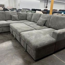 ✅️✅️4 pc  Grey corduroy fabric sectional sofa with storage chaise and love seat and pop up sleep area in center USB charging✅️✅️