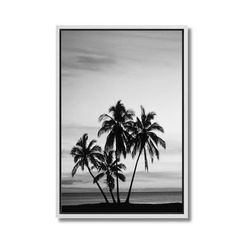 24" x 36" Palm Trees & Beach Black & White Photo Print on Canvas in Floating White Frame | Wall Art