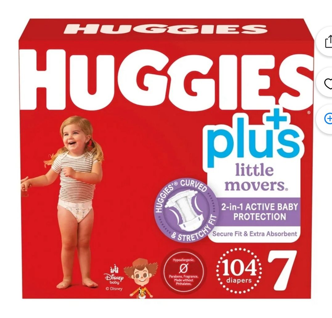 Huggies Plus Little Movers Diapers. #7 104 Diapers 