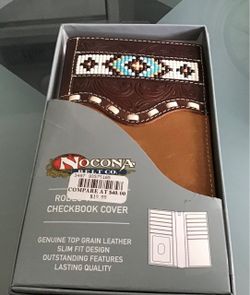 NWT~NOCONA Men’s Slim fit Beaded Inlay Western Rodeo Wallet/Checkbook Cover~Brown Leather