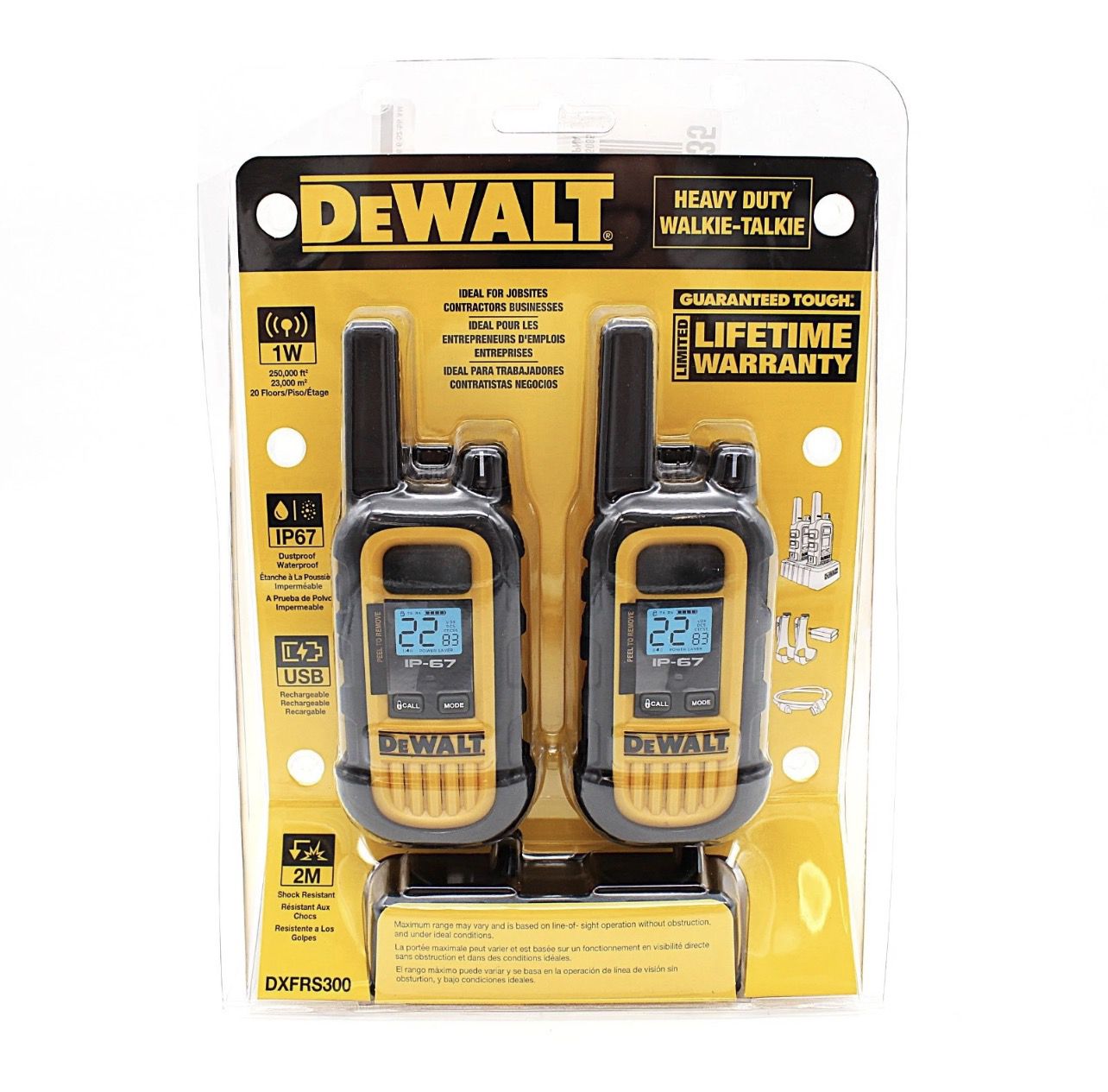 DEWALT DXFRS300 Two-Way Radios Walkie Talkies Set of 2 UHF/FM IP67 Waterproof