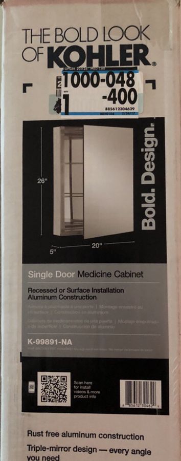 NEW 26" H x 20" W Kohler Aluminum Single-Door Medicine Cabinet with Mirrored Door