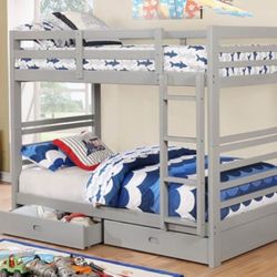 Brand New Grey Twin Size Bunk Bed w Trundle Drawers