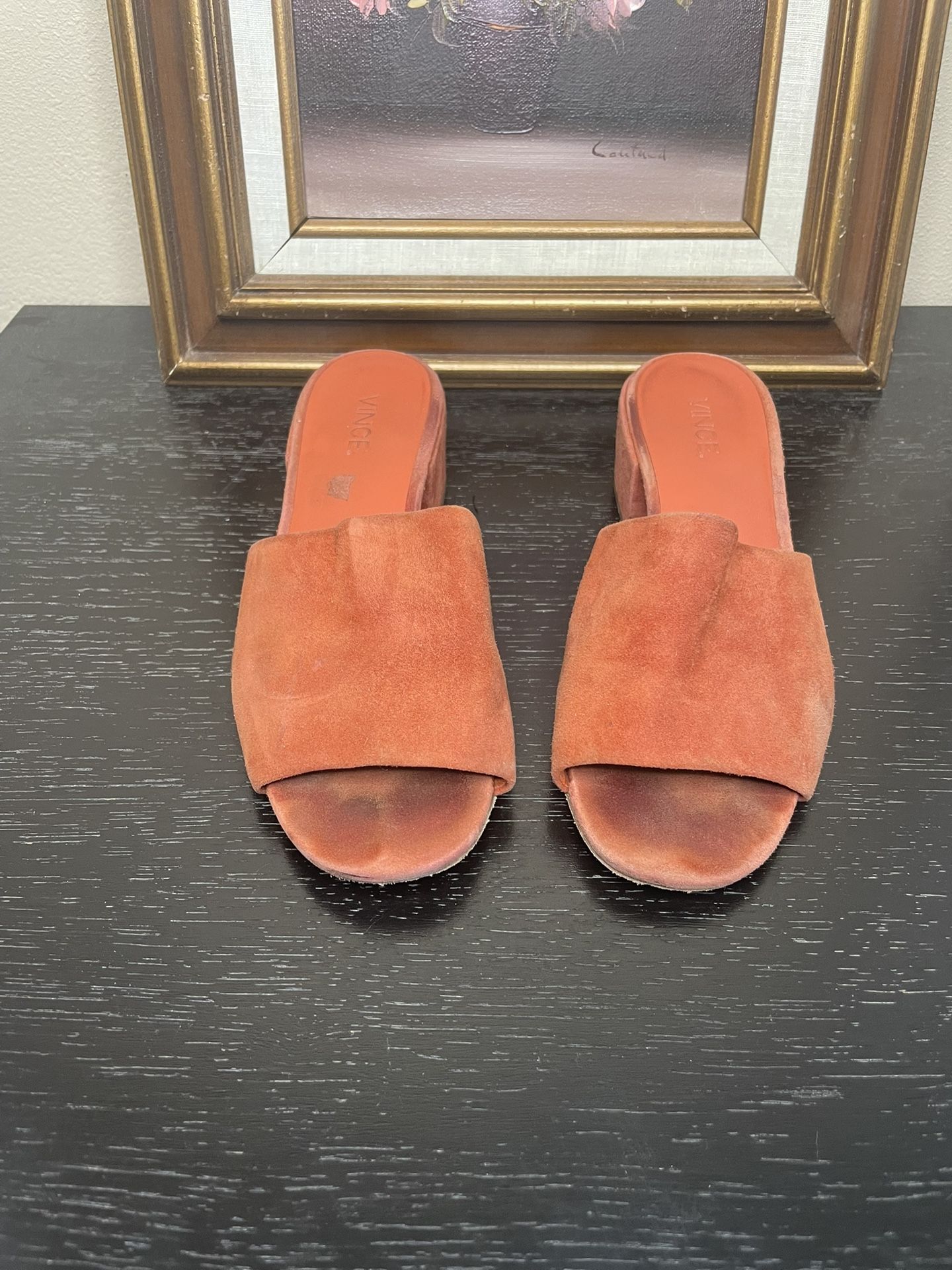 Vince Rachelle Orange Suede Block Heel Slide Sandal size