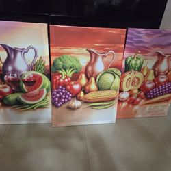 Set of 3 Vibrant Fruit & Vegetable Canvas Paintings