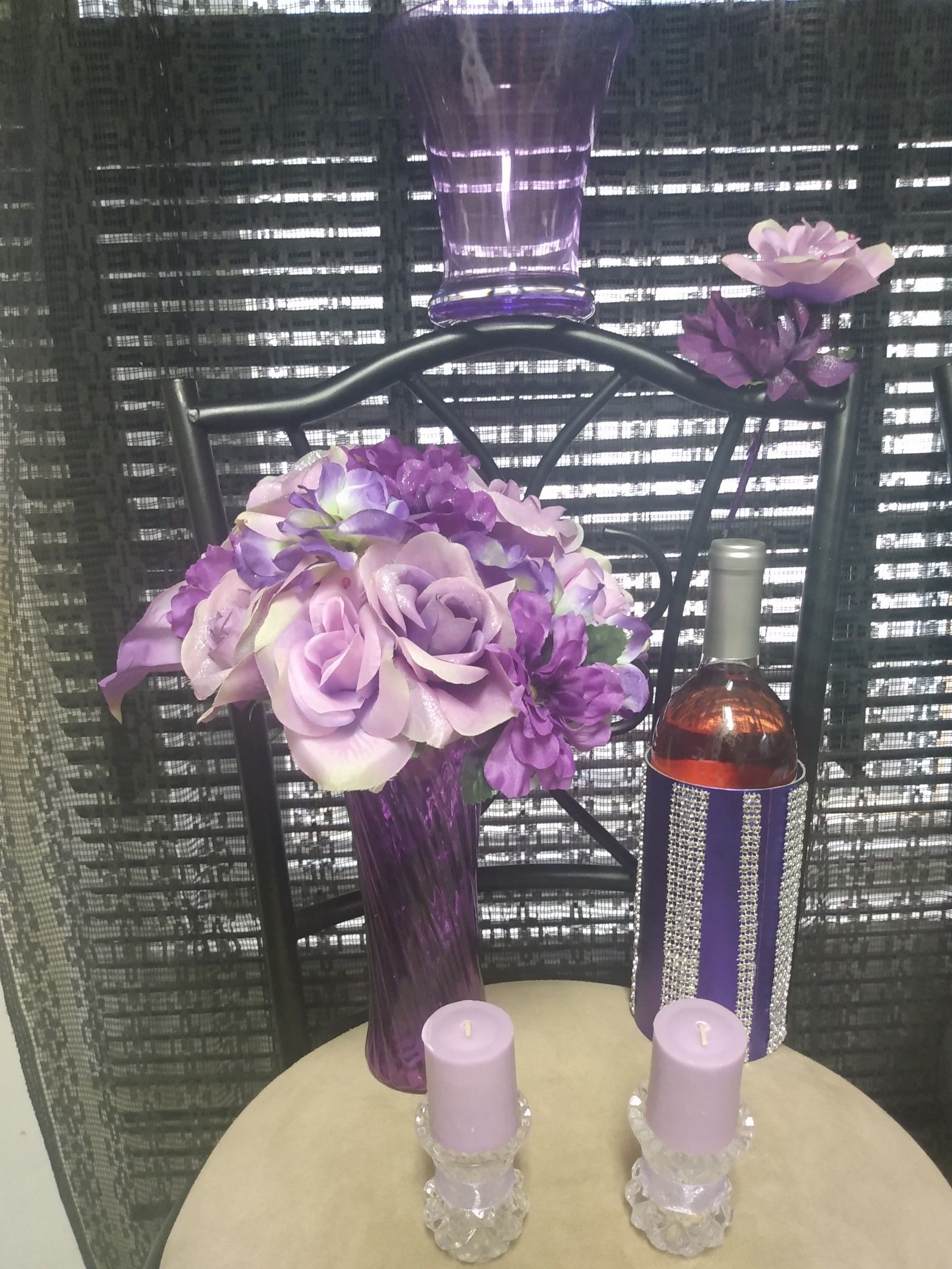 $50 Beautiful 2 tone Purple in purple vase Includes: boutonniere, (2) candles + (2) holders & Purple candy bowl, Purple wine box & champagne.