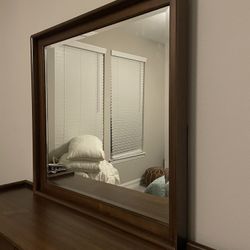 Mid Century Modern Square Walnut Large Dresser Mirror 