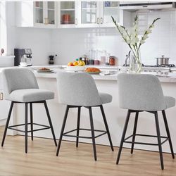 Y 360°Swivel Counter Height Bar Stools Set of 3,Upholstered Morden Kitchen Barstools with High Backs,26" H Seat Height,Metal Legs (Fabric - Grey, 3 Pi